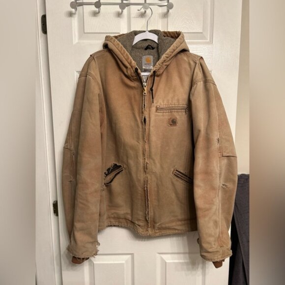 Distressed Hooded Carhart Lined Sherpa Work Jacket - Picture 1 of 12
